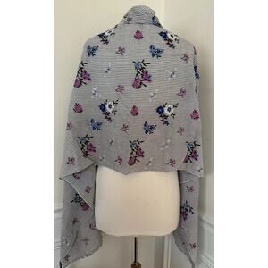 Talbots Blue Floral Embroidered Striped Scarf Shawl Wrap 100% Cotton 30x72